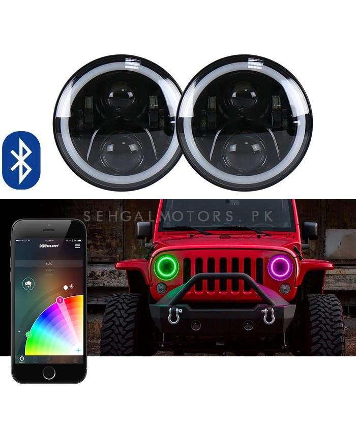 RGB Jeep LED Headlights / Head Lamps Round Shape with Bluetooth Pair - 7 Inches - Mobile App Operated Disco Light SehgalMotors.pk