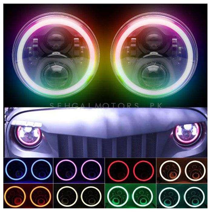 RGB Jeep LED Headlights / Head Lamps Round Shape with Bluetooth Pair - 7 Inches - Mobile App Operated Disco Light SehgalMotors.pk