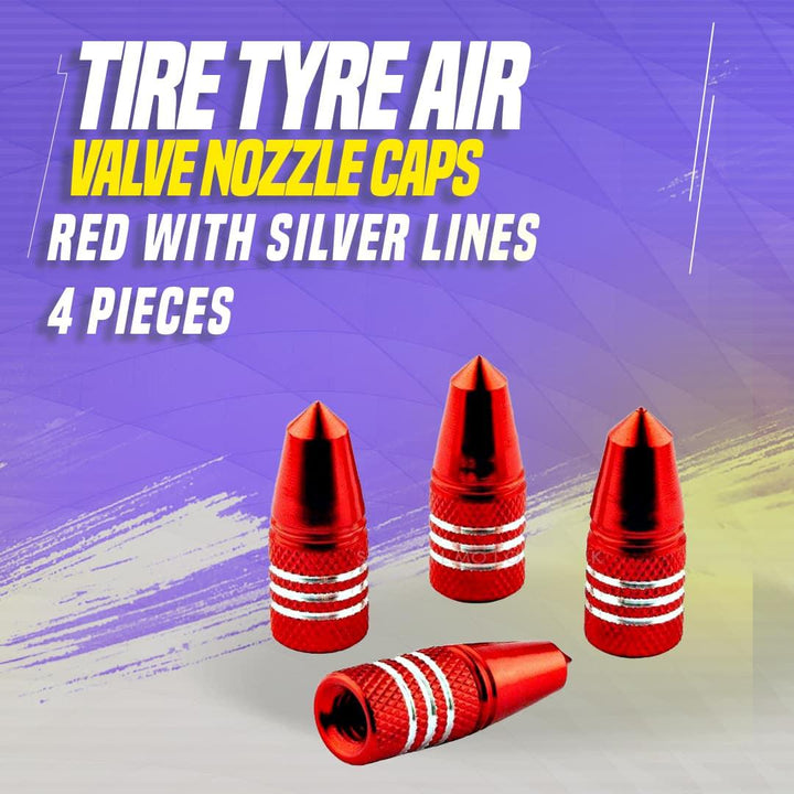Tire Tyre Air Valve Nozzle Caps Red With Silver Lines- 4 Pieces SehgalMotors.pk