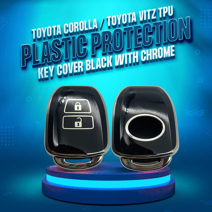 Toyota Corolla / Toyota Vitz TPU Plastic Protection Key Cover Black With Chrome 2 Buttons SehgalMotors.pk