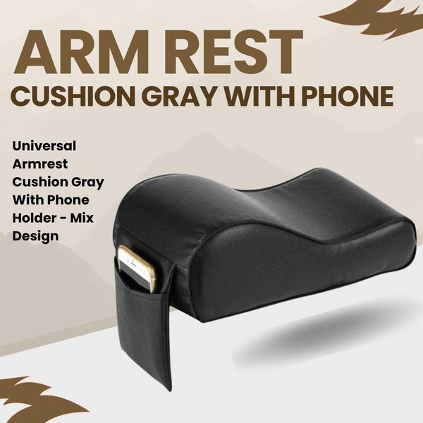 Universal Armrest Cushion Gray with Phone Holder - Mix Design SehgalMotors.pk