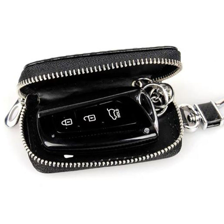 OFF-White Zipper Matte Leather Key Cover Pouch Black with Keychain Ring