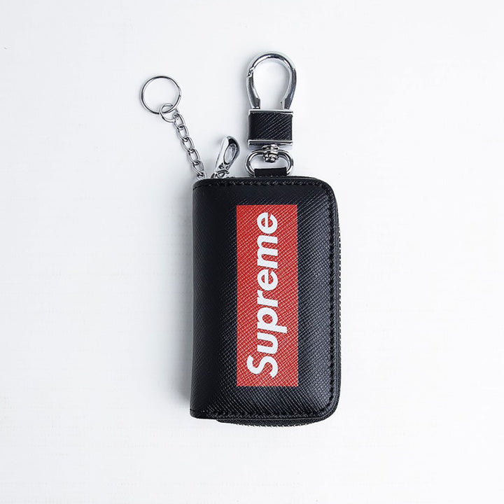 Supreme Zipper Matte Leather Key Cover Pouch Black with Keychain Ring