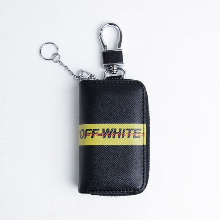 OFF-White Zipper Matte Leather Key Cover Pouch Black with Keychain Ring