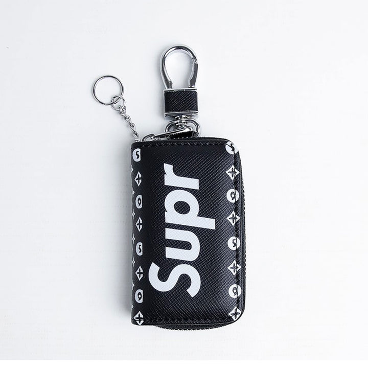 Supreme Zipper Matte Leather Key Cover Pouch Black with Keychain Ring