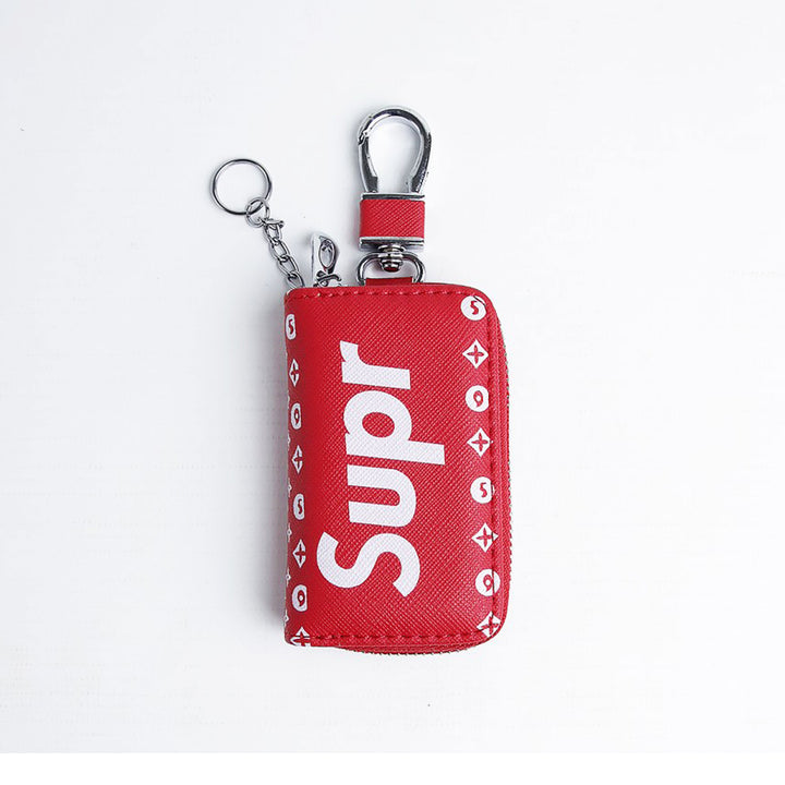 Supreme Zipper Matte Leather Key Cover Pouch Red with Keychain Ring