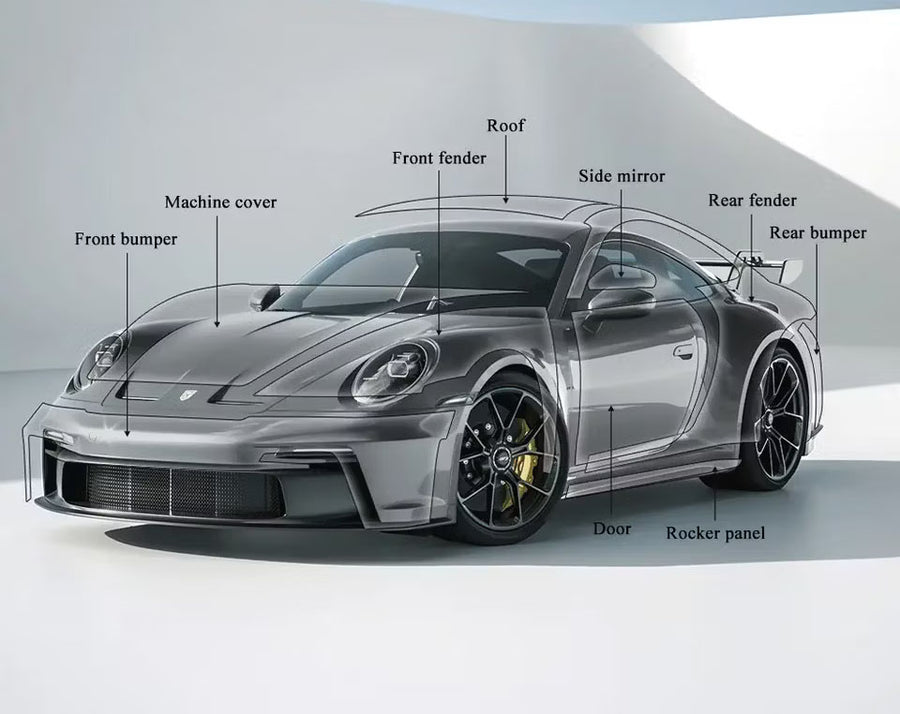 Exterior PPF coverage illustration; see the panel list and exclusions