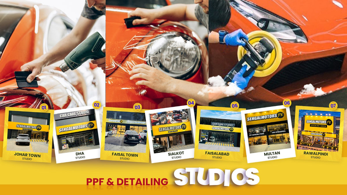 A promotional collage for PPF & Detailing Studios featuring close-up photos of a bright orange sports car being polished and treated, with sample polaroid-style business cards showing different studio locations along the bottom on a yellow background.