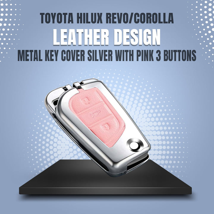 Toyota Hilux Revo/Rocco/Corolla Leather Design Metal Key Cover Silver with Pink 3 Buttons