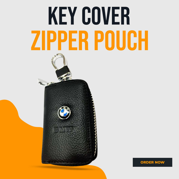 BMW Zipper Matte Leather Key Cover Pouch Black with Keychain Ring
