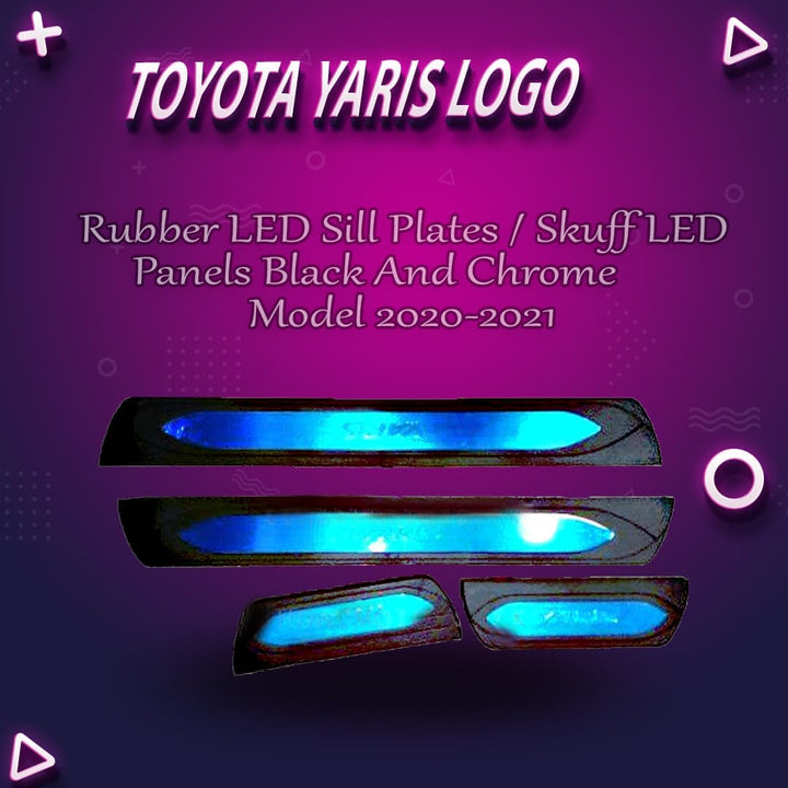 Toyota Yaris Rubber LED Sill Plates / Skuff LED panels Black and Chrome - Model 2020-2021