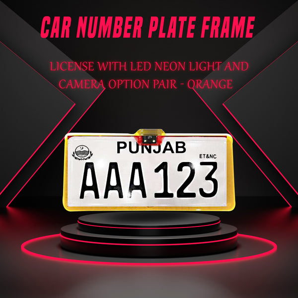 Car Number Plate License Frame with LED Neon Light and Camera Option Pair - Orange