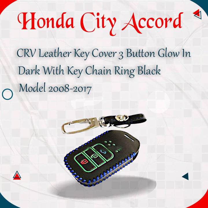 Honda City Accord CRV Leather Key Cover 3 Button Glow In Dark with Key Chain Ring Black - Model 2008-2017