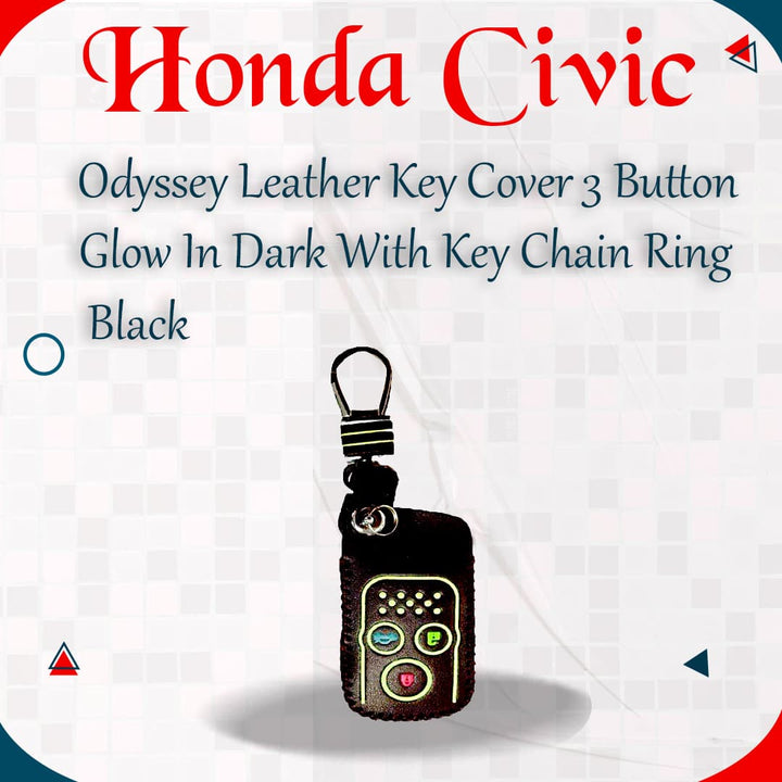 Honda Civic Odyssey Leather Key Cover 3 Button Glow In Dark with Key Chain Ring Black