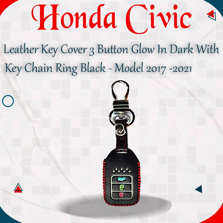 Honda Civic Leather Key Cover 3 Button Glow In Dark with Key Chain Ring Black - Model 2017 -2021