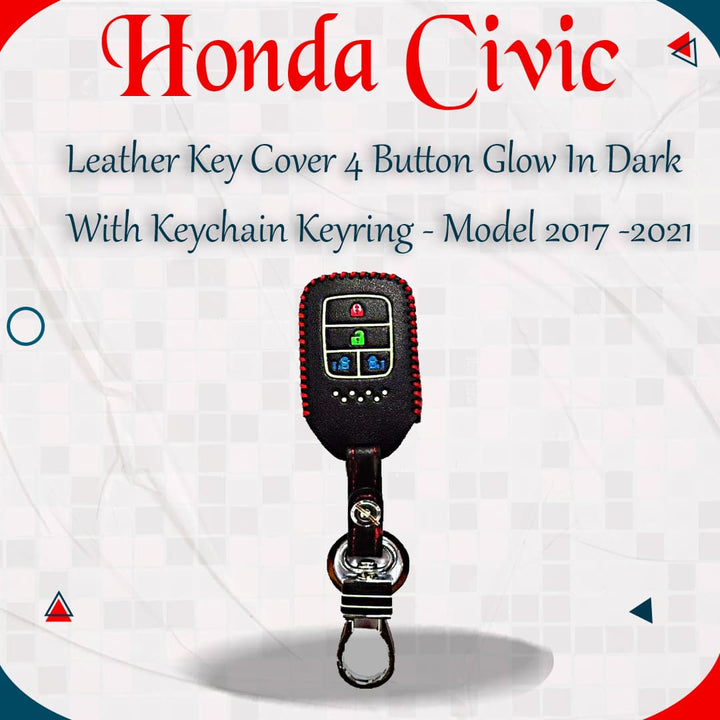Honda Civic Leather Key Cover 4 Button Glow In Dark With Keychain Keyring - Model 2017 -2021