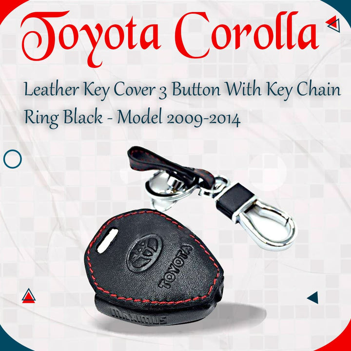Toyota Corolla Leather Key Cover 3 Button with Key Chain Ring Black - Model 2009-2014