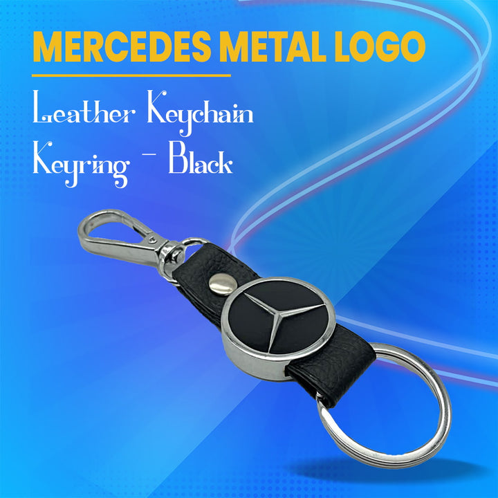 Mercedes Metal Logo Leather Keychain Keyring - Black