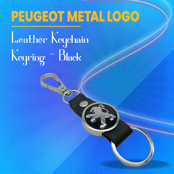 Peugeot Metal Logo Leather Keychain Keyring - Black