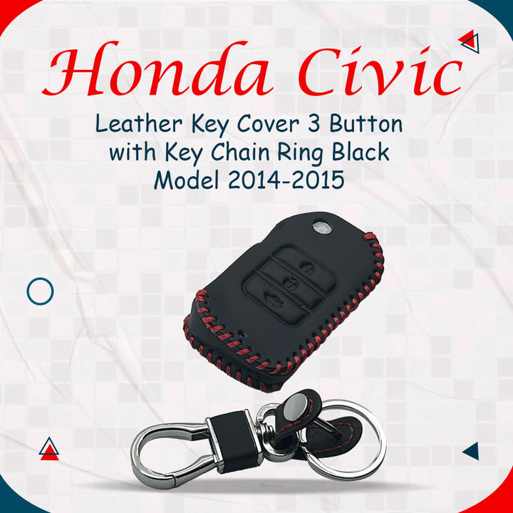 Honda Civic Leather Key Cover 3 Button with Key Chain Ring Black - Model 2014-2015