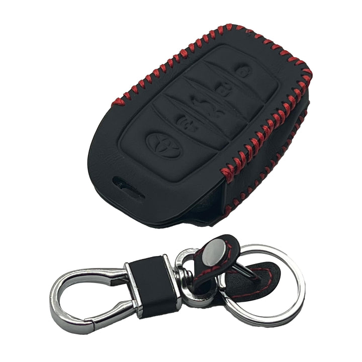 Toyota Fortuner Push Start Leather Key Cover 4 Button with Key Chain Ring Black- Model 2017-2021