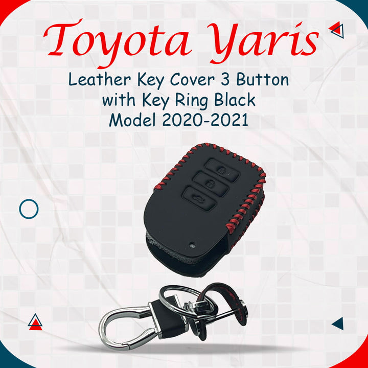 Toyota Yaris Leather Key Cover 3 Button with Key Ring Black - Model 2020-2021