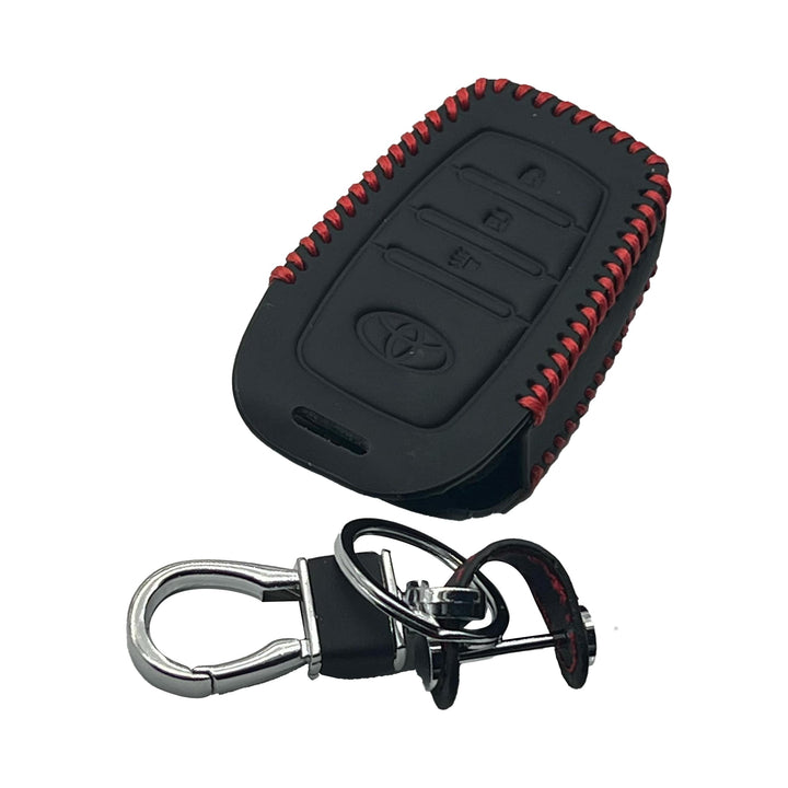 Toyota Hilux Revo/Rocco Push Start Leather Key Cover 3 Button with Key Chain Ring Black