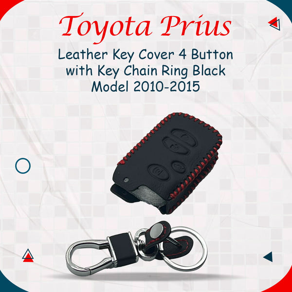 Toyota Prius Leather Key Cover 4 Buttons with Key Chain Ring Black - Model 2010-2015