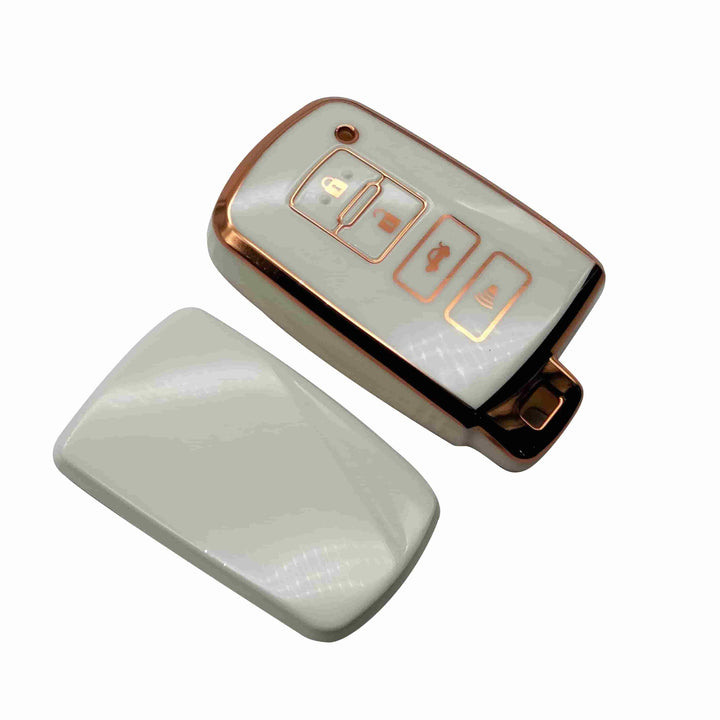 Toyota Corolla Grande TPU Plastic Protection Key Cover White With Golden 4 Buttons - Model 2021-2022