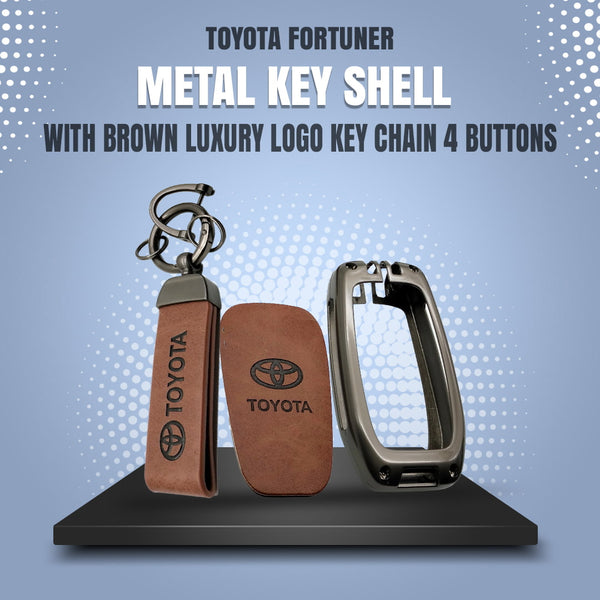 Toyota Fortuner Metal Key Shell with Brown Luxury Logo Key Chain 4 Buttons