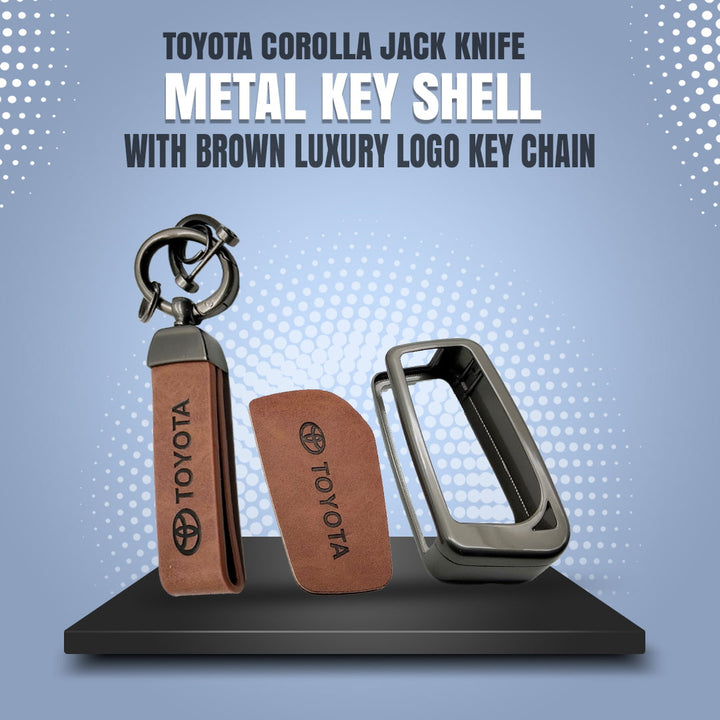 Toyota Corolla Jack Knife Metal Key Shell with Brown Luxury Logo Key Chain - Model 2015-2016