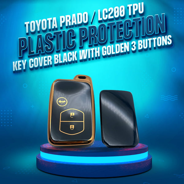 Toyota Prado / LC200 TPU Plastic Protection Key Cover Black With Golden 3 Buttons - Model 2009 - 2021