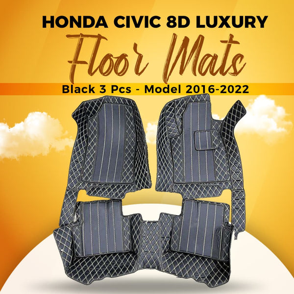 Honda Civic 8D Luxury Floor Mats Black 3 Pcs - Model 2016-2022