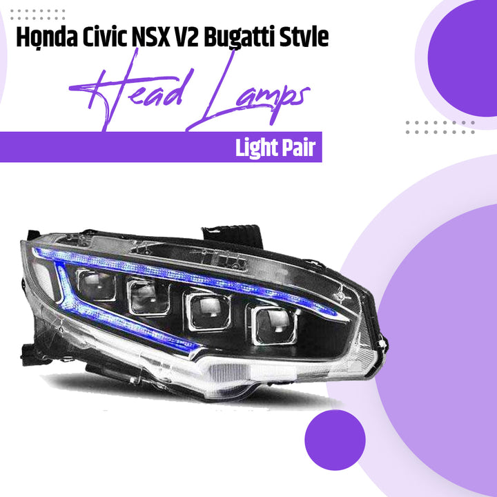 Honda Civic NSX V2 Bugatti Style Head Lamps Light Pair - Model 2016-2021