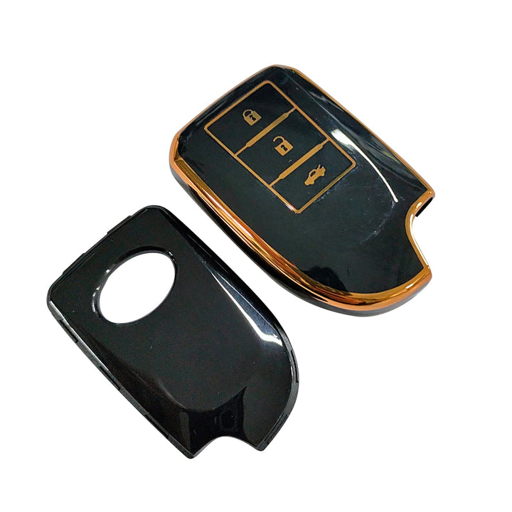 Toyota Yaris TPU Plastic Protection Key Cover Black With Golden 3 Buttons - Model 2020-2022