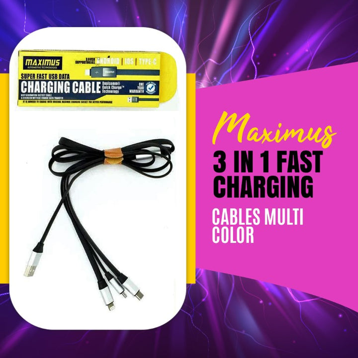 Maximus 3 in 1 Fast Charging Cables Multi Color