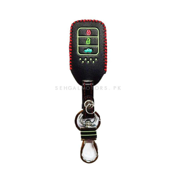 Honda Civic Leather Key Cover 3 Button Glow In Dark with Key Chain Ring Black - Model 2017 -2021