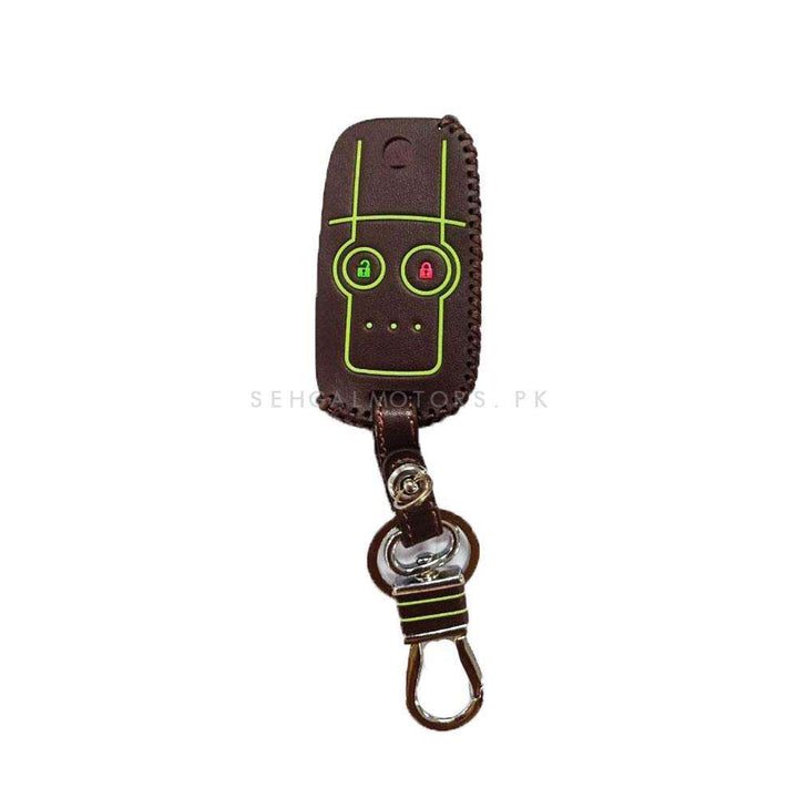 Honda CRV 4 Leather Key Cover 2 Button Glow In Dark with Key Chain Ring Black - Model 2012-2018