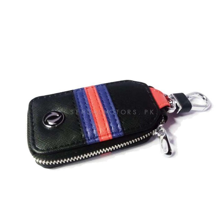 DFSK Zipper Jeans Key Cover Pouch Black With Red Blue Strip Keychain Ring