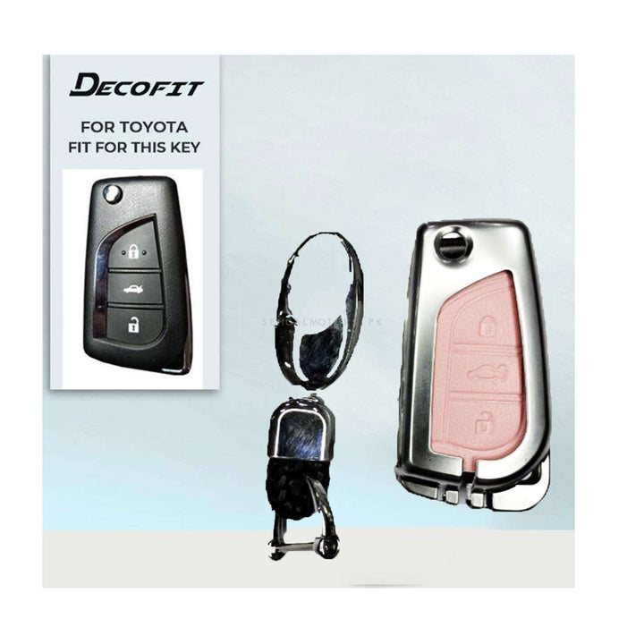 Toyota Hilux Revo/Rocco/Corolla Leather Design Metal Key Cover Silver with Pink 3 Buttons